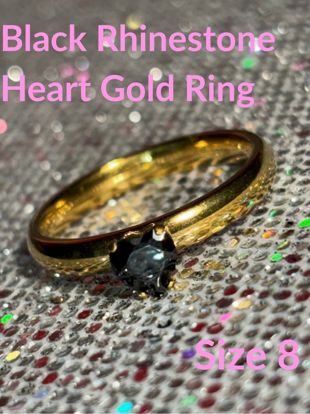 Black Heart Gemstone Gold Ring Size 8 Women’s Bling Jewelry Rhinestone gift Y2K